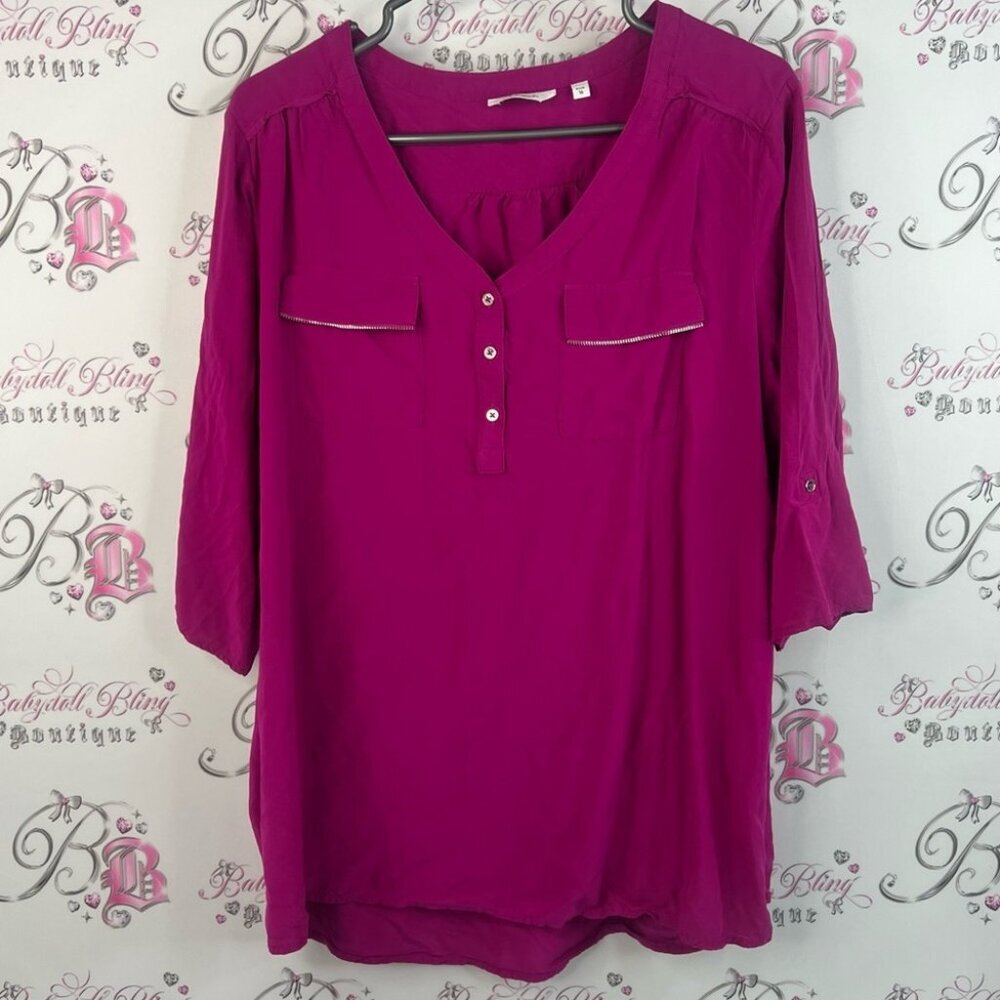 Reitmans blouse bright purple pink Fuchsia Button-Front Blouse pockets silver
